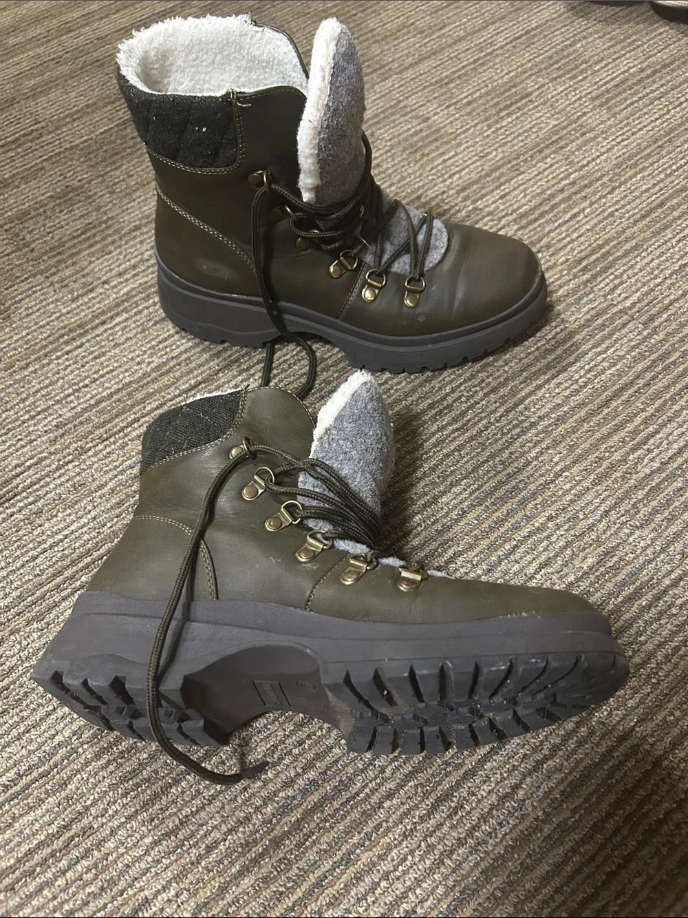 Maurices Olive Green Winter Lace-Up Boots with Gray Wool Tongue and Lining